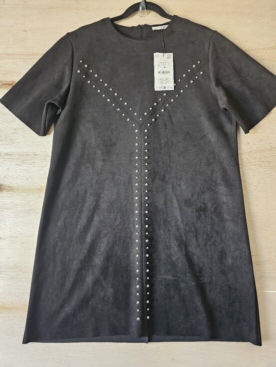 Zara Dresses & Skirts - Zara Faux Suede Studded Mini Dress Black Short Sleeve Size L NWT